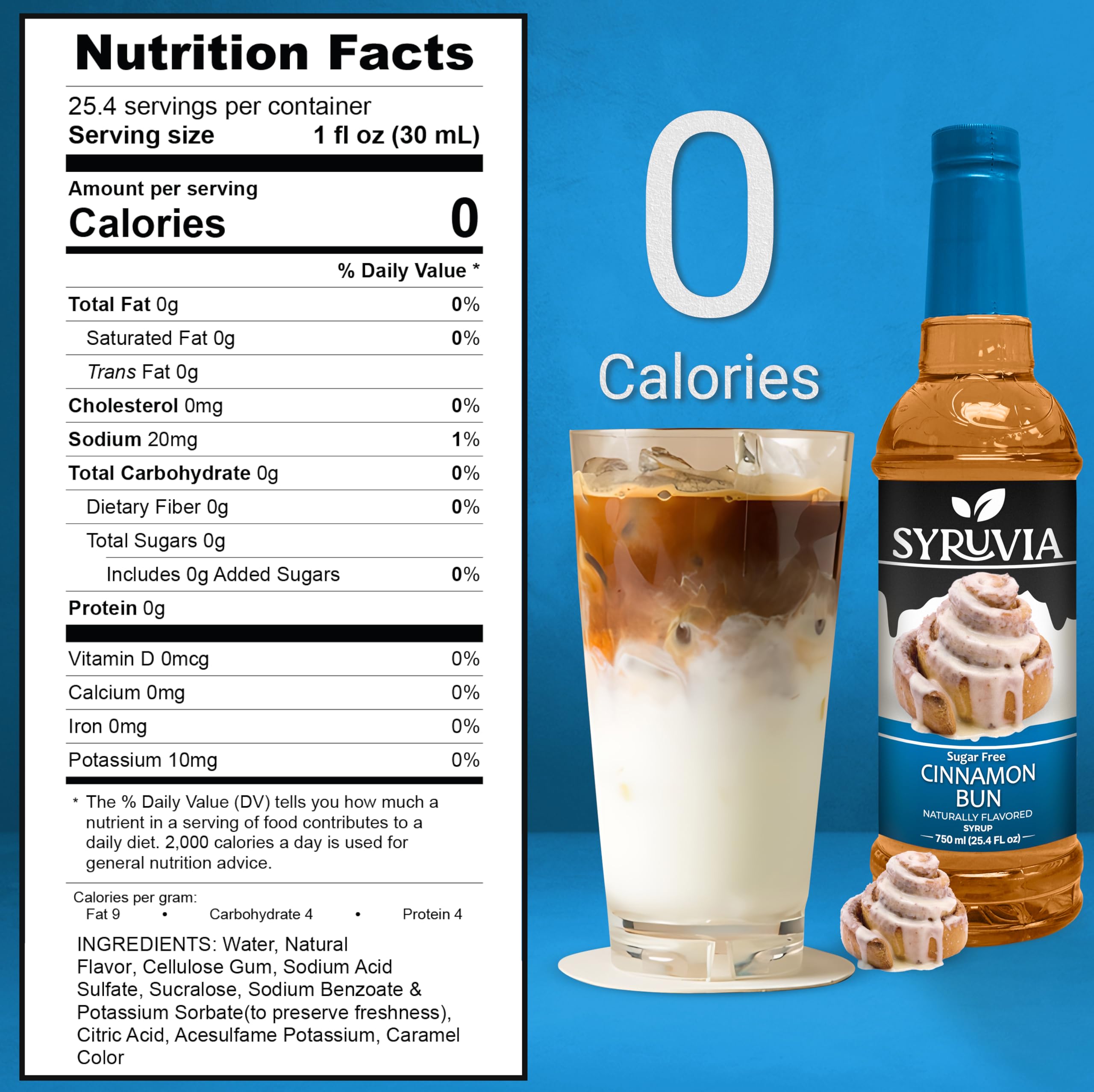 SYRUVIA Sugar-Free Cinnamon Bun latte glass showcasing zero-calorie sweetness
