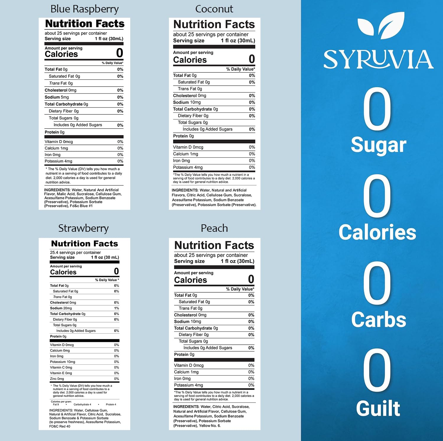 SYRUVIA Sugar Free Coconut Syrup bottle adds tropical aroma to drinks.