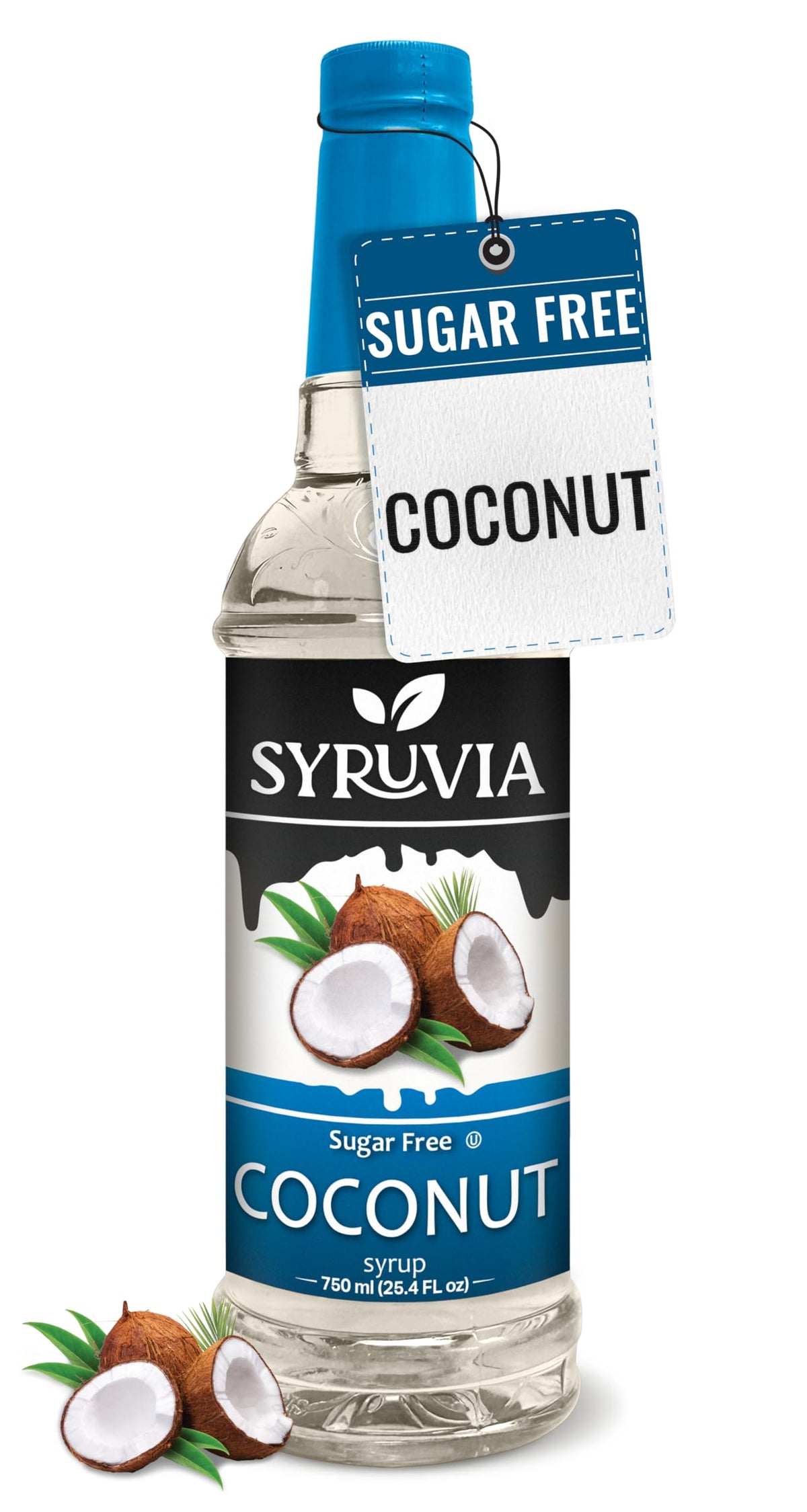 SYRUVIA sugar-free coconut syrup bottle shows tropical flavor without sugar