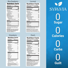 SYRUVIA Sugar Free Coconut Syrup bottle adds tropical aroma to drinks.