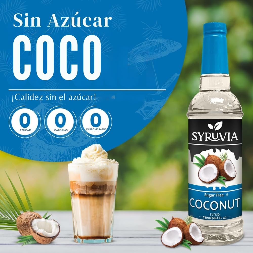 SYRUVIA sugar-free coconut syrup with coffee mug, versatile drink enhancer