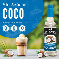 SYRUVIA sugar-free coconut syrup with coffee mug, versatile drink enhancer