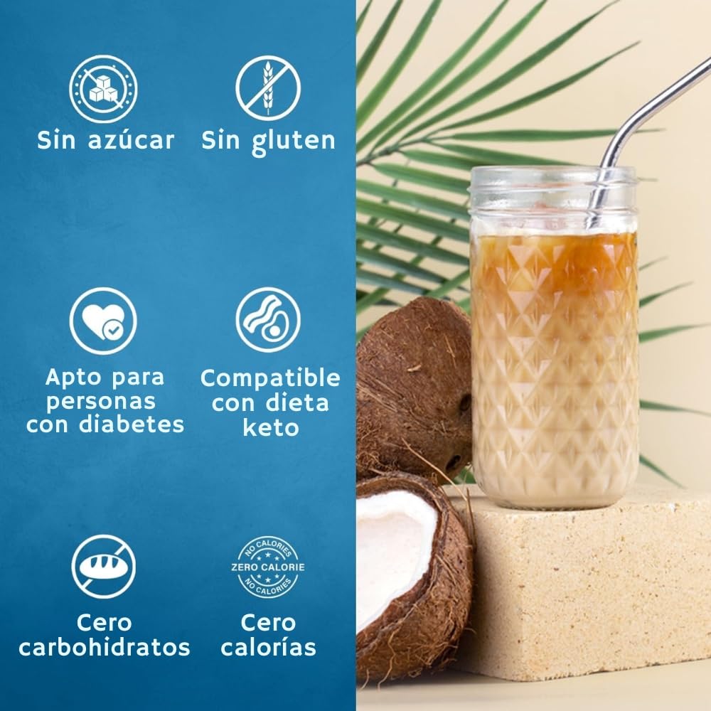 SYRUVIA sugar-free coconut syrup on dessert topping adding coconut notes
