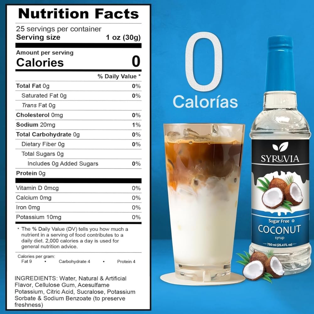 SYRUVIA sugar-free coconut syrup pouring stream for coffee or desserts