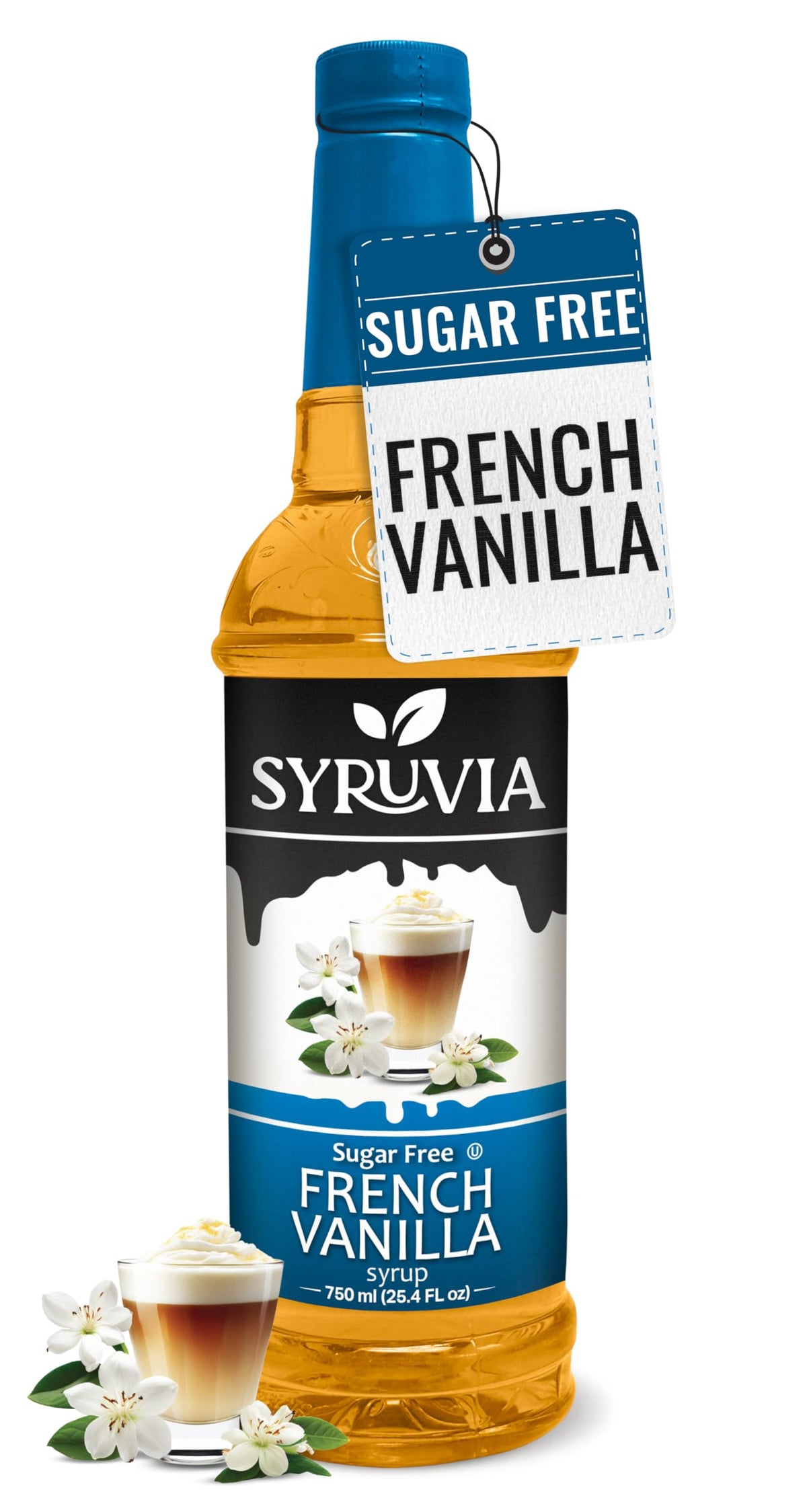 SYRUVIA Sugar Free Coffee Syrup bottle flavors beverages with French vanilla notes.