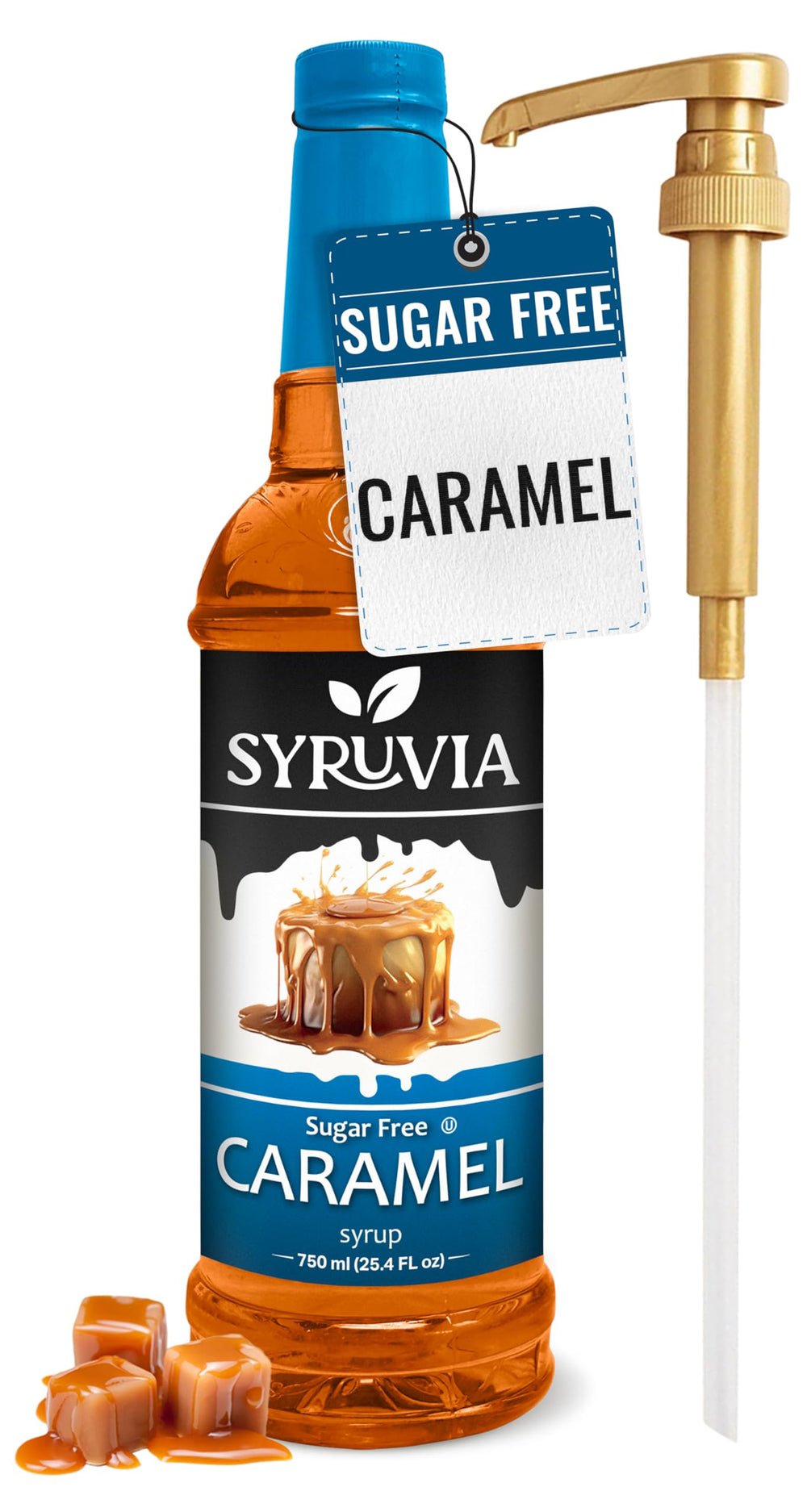 Syruvia Sugar Free Caramel Coffee Syrup bottle pour enhances coffee flavor with zero calories.