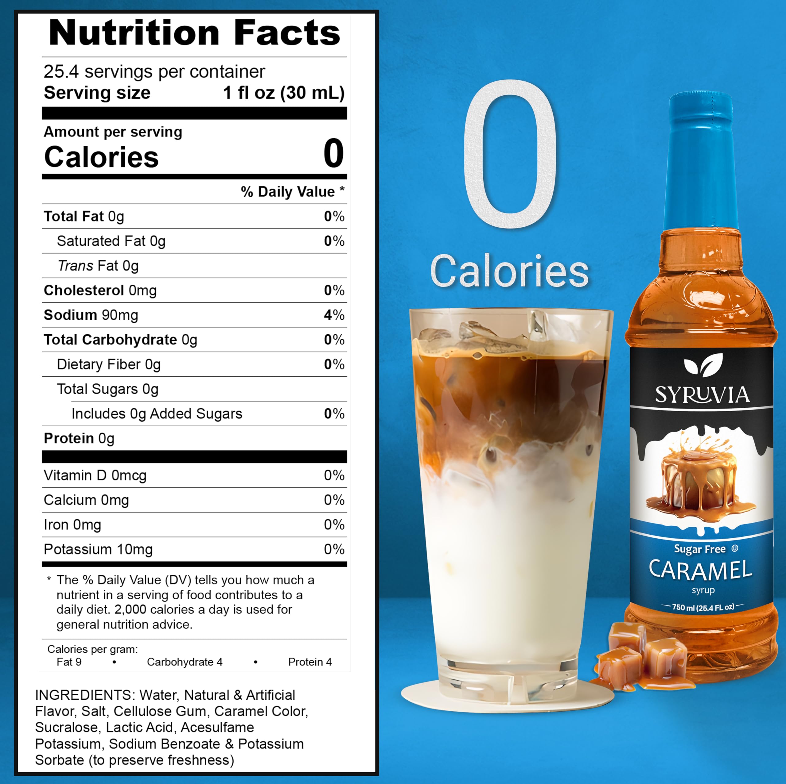 Syruvia Sugar Free Caramel Coffee Syrup in latte glass adds creamy caramel notes.