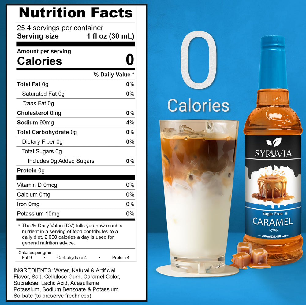 Syruvia Sugar Free Caramel Coffee Syrup in latte glass adds creamy caramel notes.