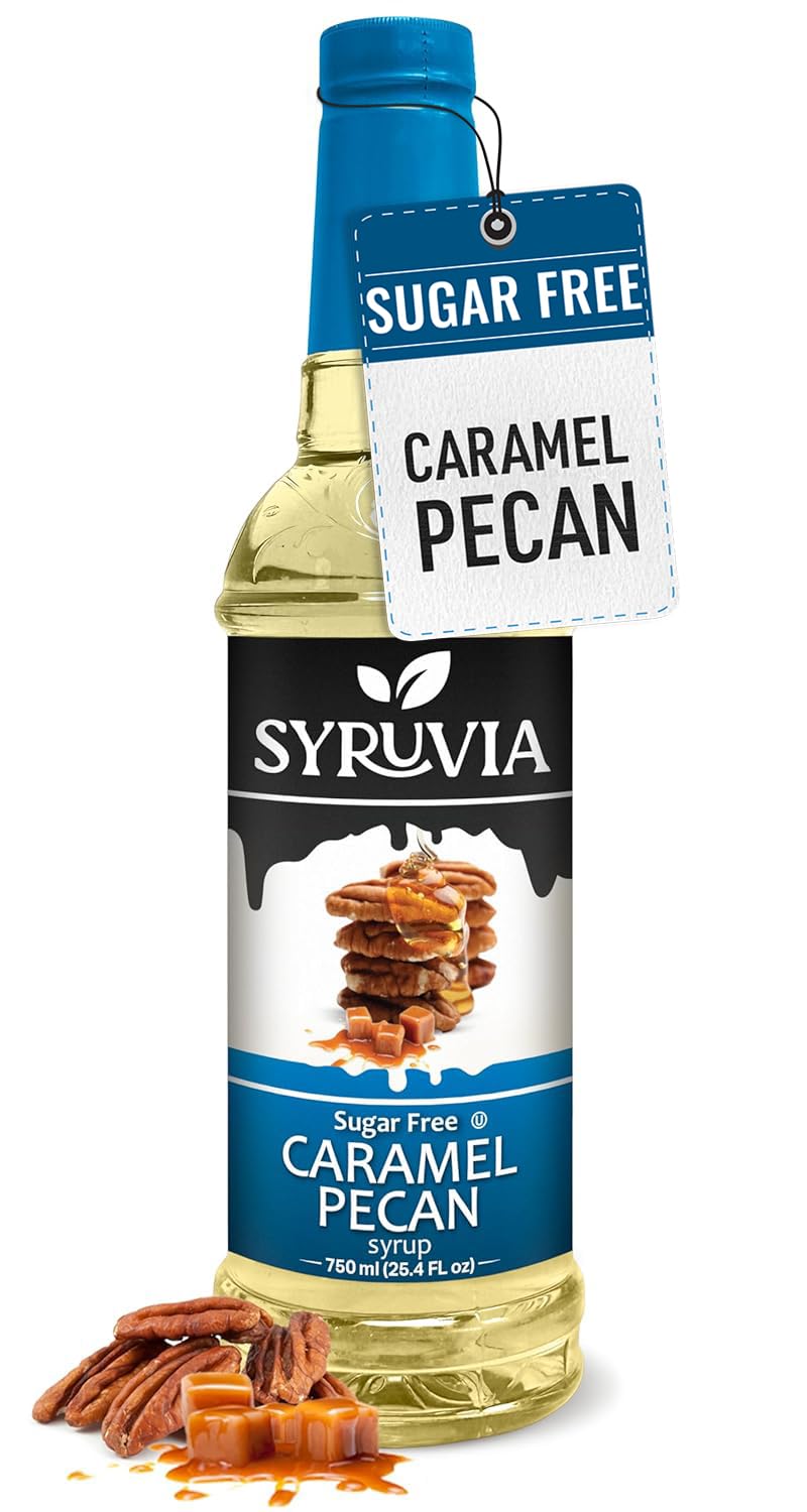 SYRUVIA Sugar Free Caramel Pecan syrup bottle enhances coffee flavor without calories.