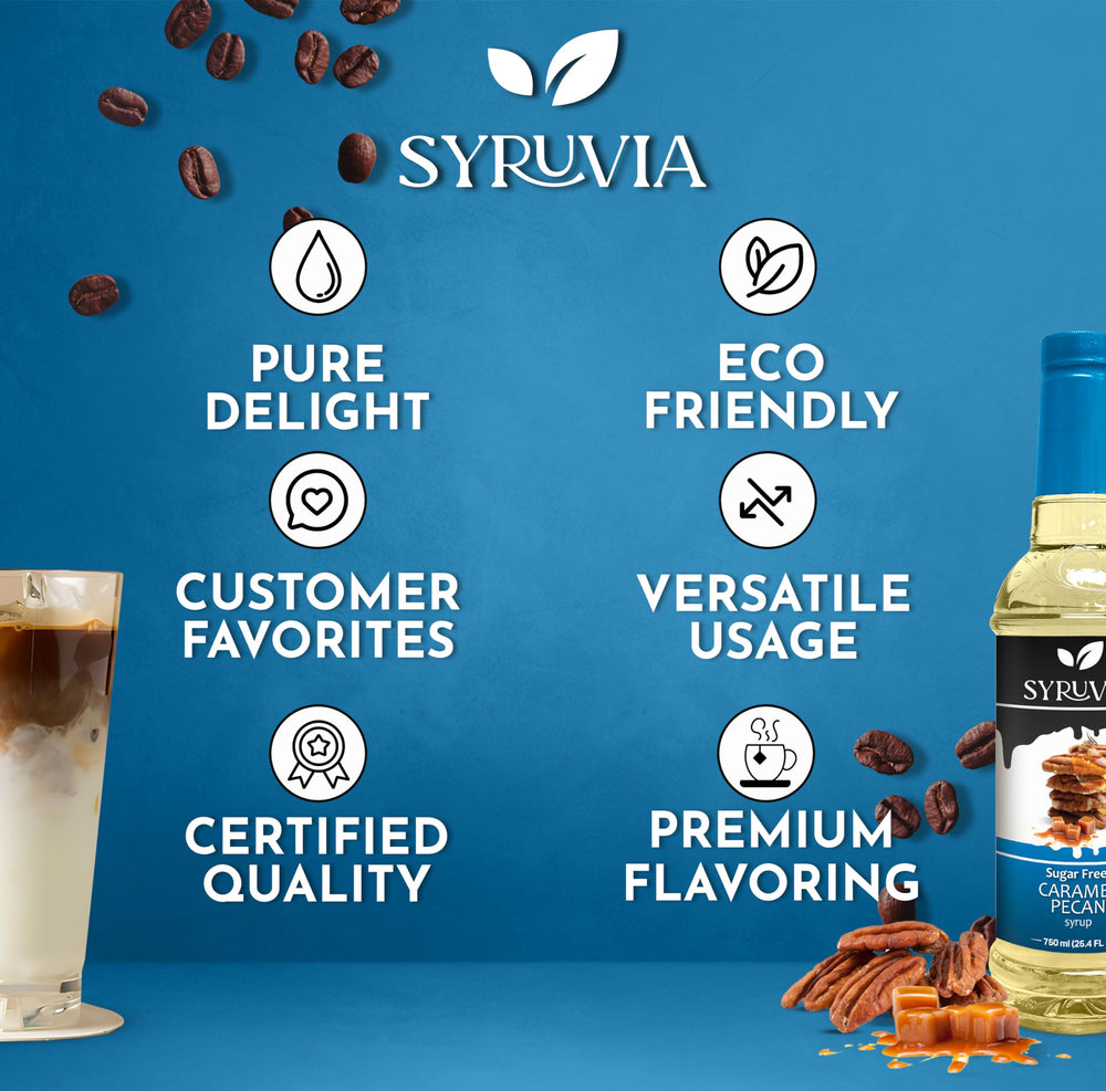 SYRUVIA caramel pecan syrup over desserts adds dessert-ready flavor boost.