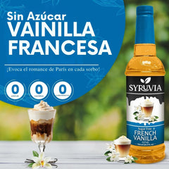 SYRUVIA sugar-free French Vanilla syrup poured into latte for flavorful coffee