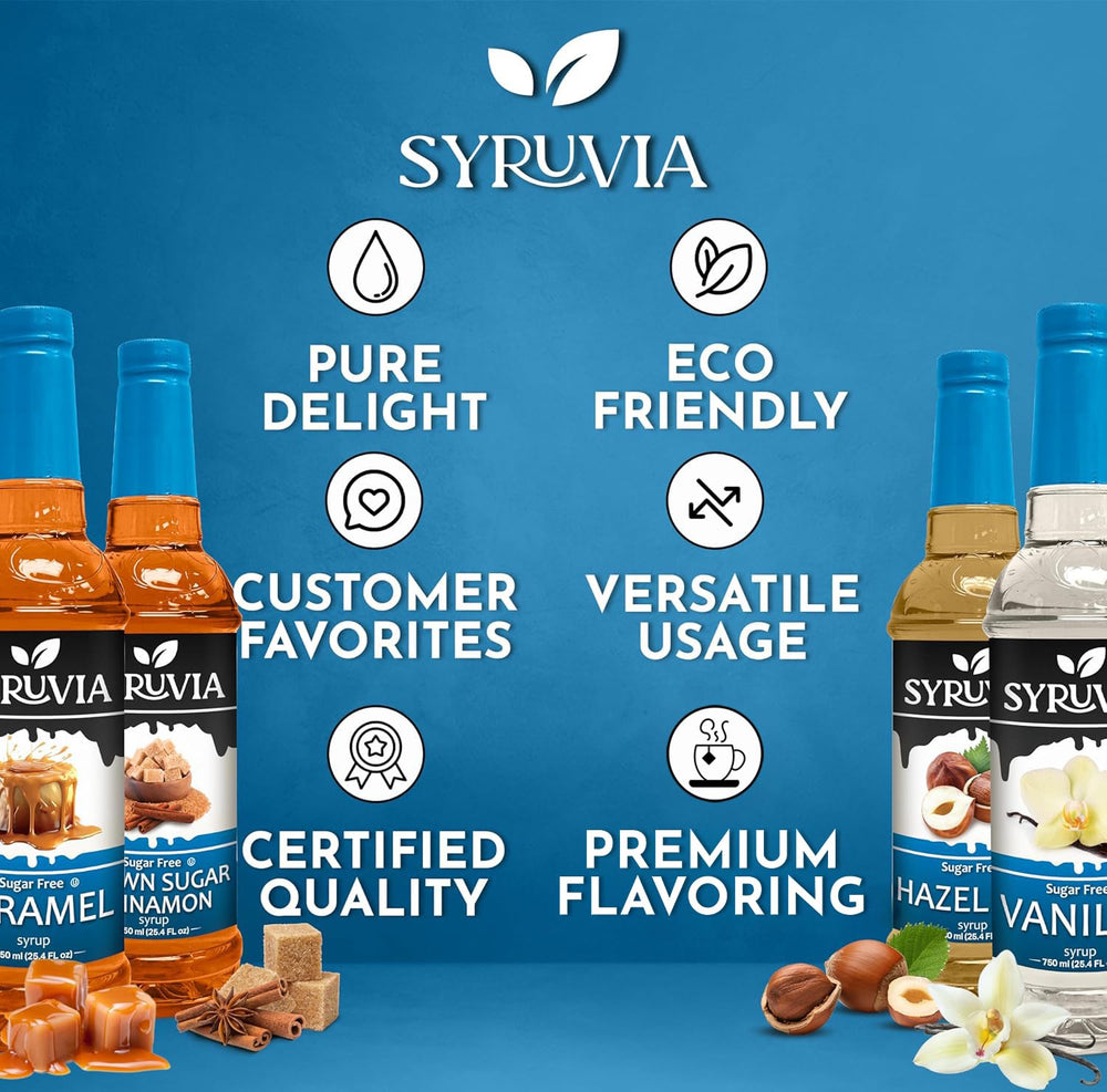 SYRUVIA hazelnut sugar-free coffee syrup bottle adds nutty aroma to beverages.