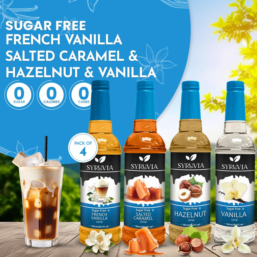 SYRUVIA sugar-free coffee syrup hazelnut bottle adds nutty depth to lattes.