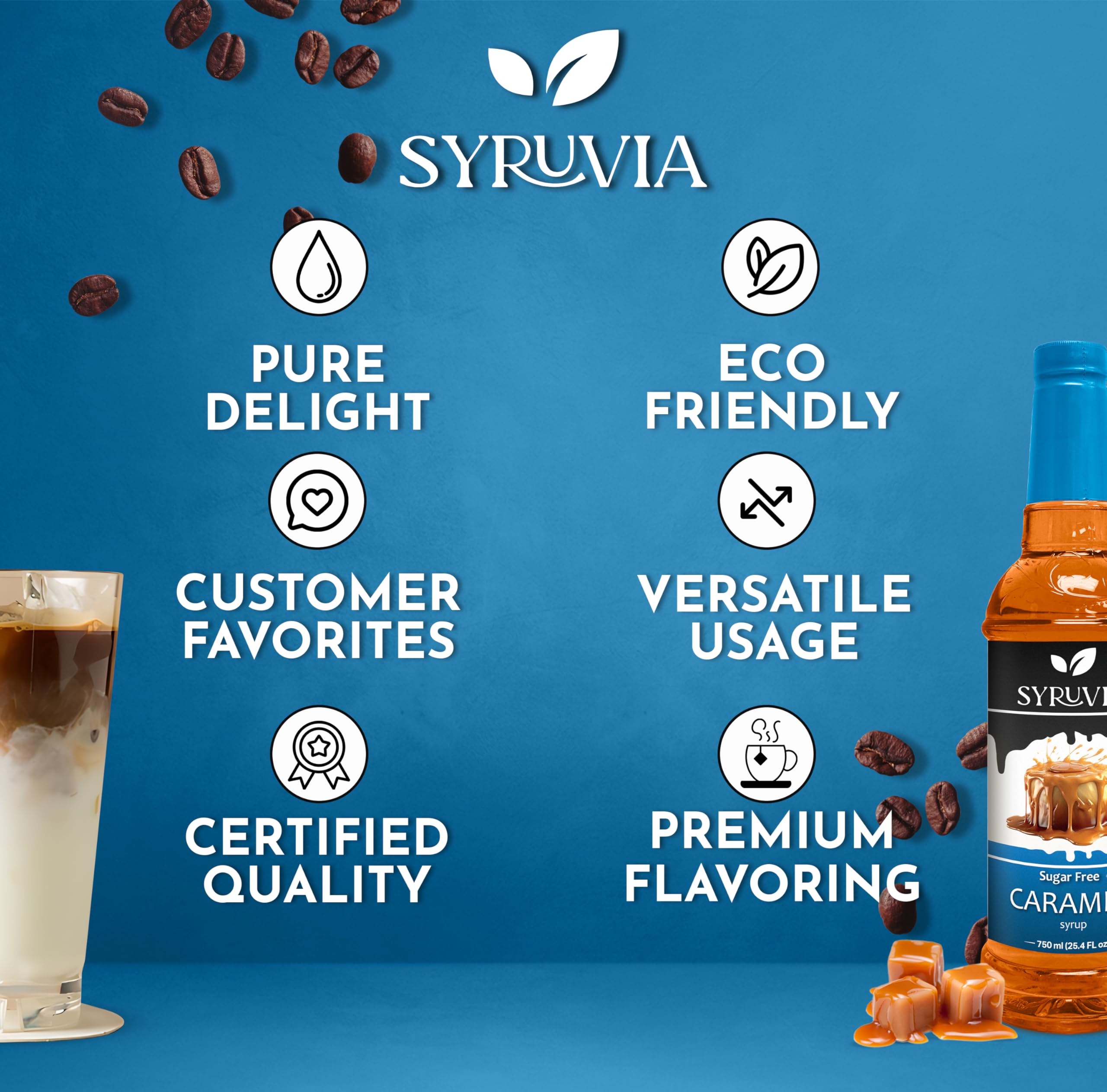 Iced coffee enhanced with Syruvia Sugar Free Caramel Syrup for bold caramel flavor.