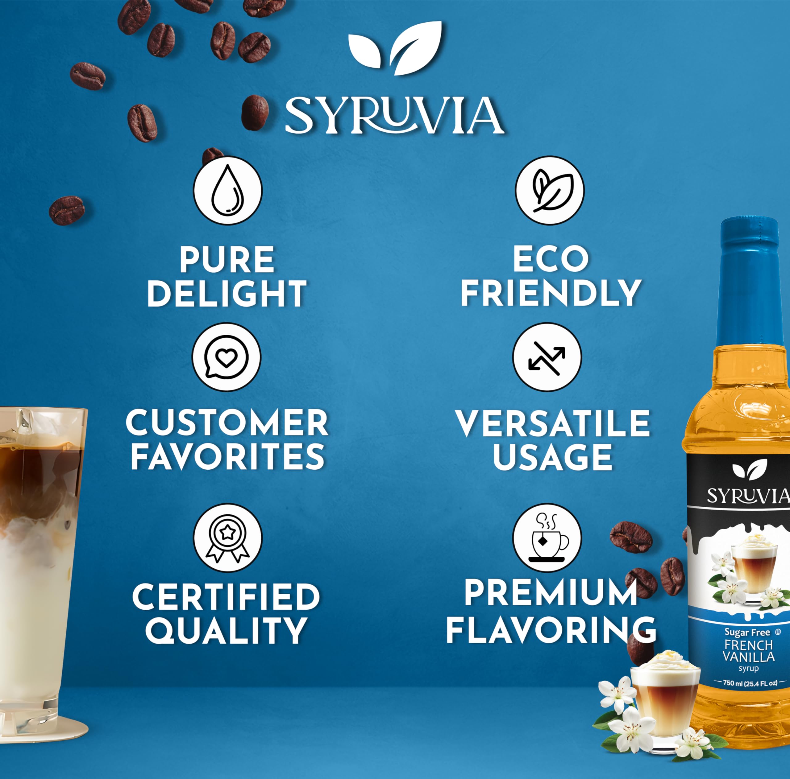 SYRUVIA Sugar Free Coffee Syrup on a latte, highlighting creamy vanilla aroma.