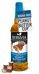 SYRUVIA sugar-free coffee syrup bottle pour adds bold peanut butter cup flavor to coffee