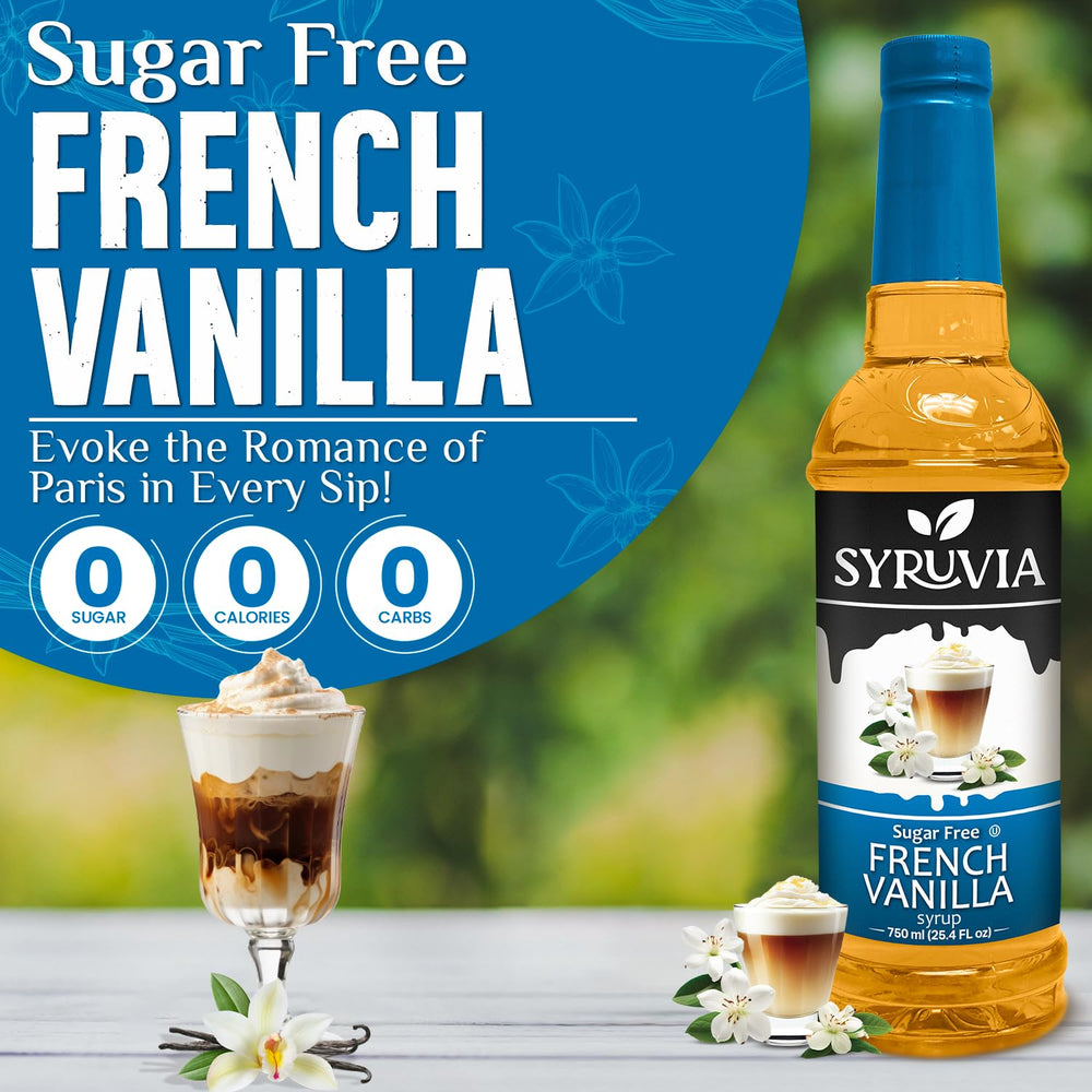 SYRUVIA Sugar Free Coffee Syrup poured into coffee for zero-calorie sweetness.