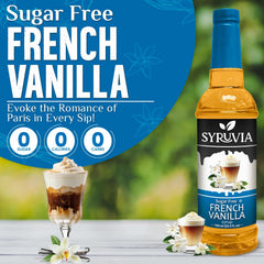 SYRUVIA Sugar Free Coffee Syrup poured into coffee for zero-calorie sweetness.
