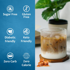 Pump bottle of Syruvia Sugar Free Caramel Coffee Syrup for easy dosing.