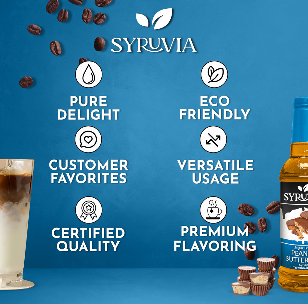 SYRUVIA sugar-free coffee syrup close-up highlights zero calories and rich aroma