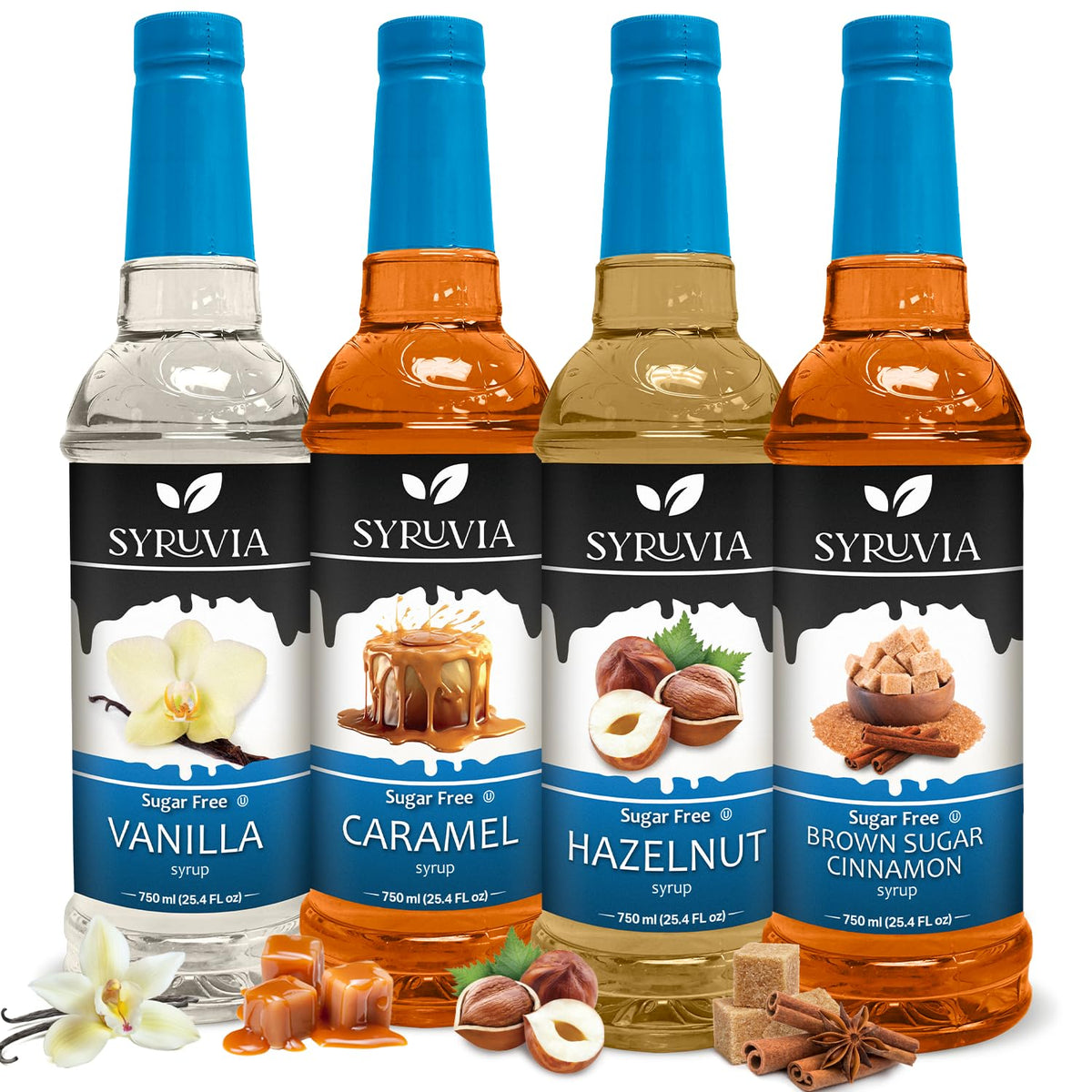 SYRUVIA vanilla sugar-free coffee syrup bottle enhances lattes with zero calories.