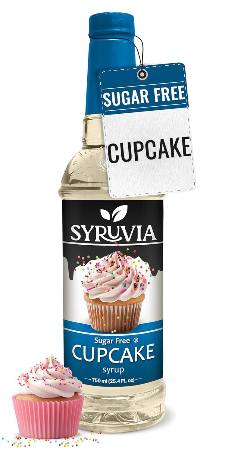 SYRUVIA Sugar Free Cupcake Syrup bottle enhances coffee and desserts.