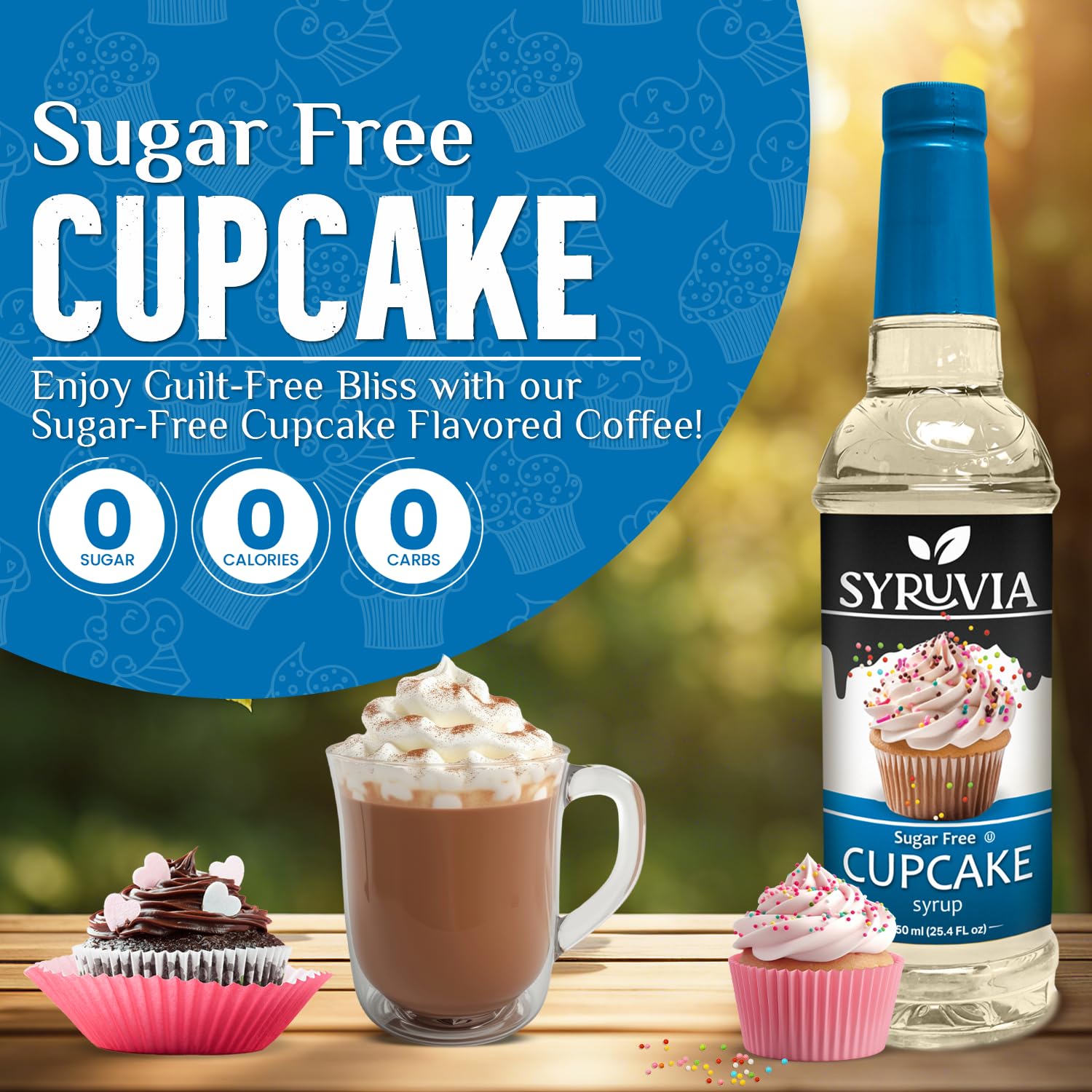 SYRUVIA Sugar Free Cupcake Syrup adds cupcake flavor to coffee.