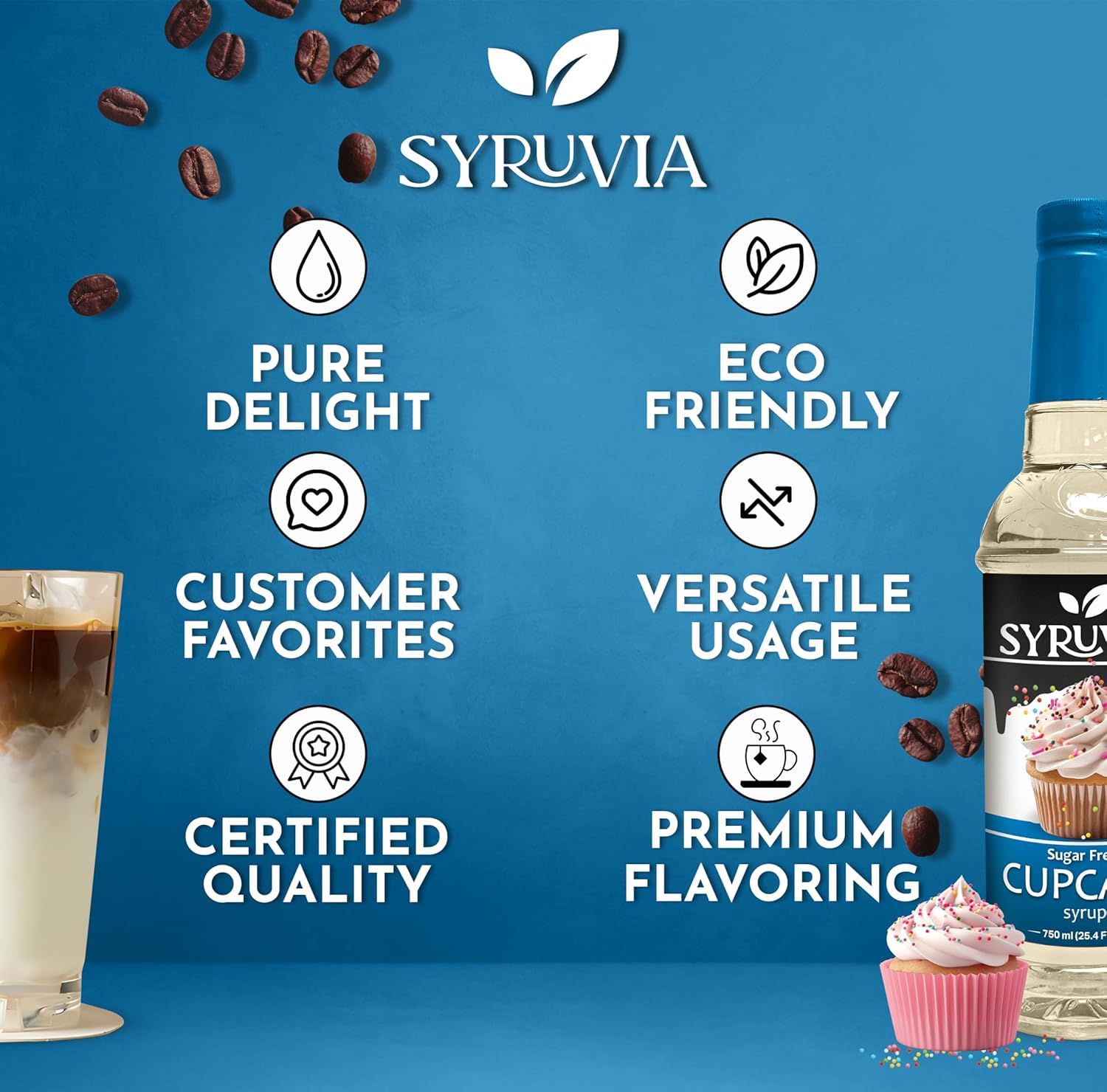 SYRUVIA Sugar Free Cupcake Syrup provides zero-calorie sweetness to beverages.