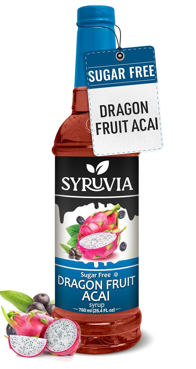 Syruvia Sugar-Free Dragon Fruit Acai Syrup bottle shows tropical flavor without sugar.