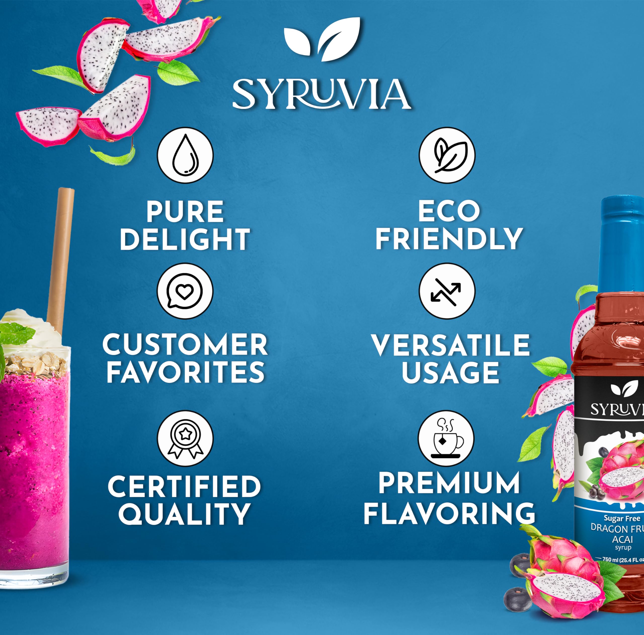 Drizzle of Syruvia syrup over dessert highlights tropical fruit notes without sugar.