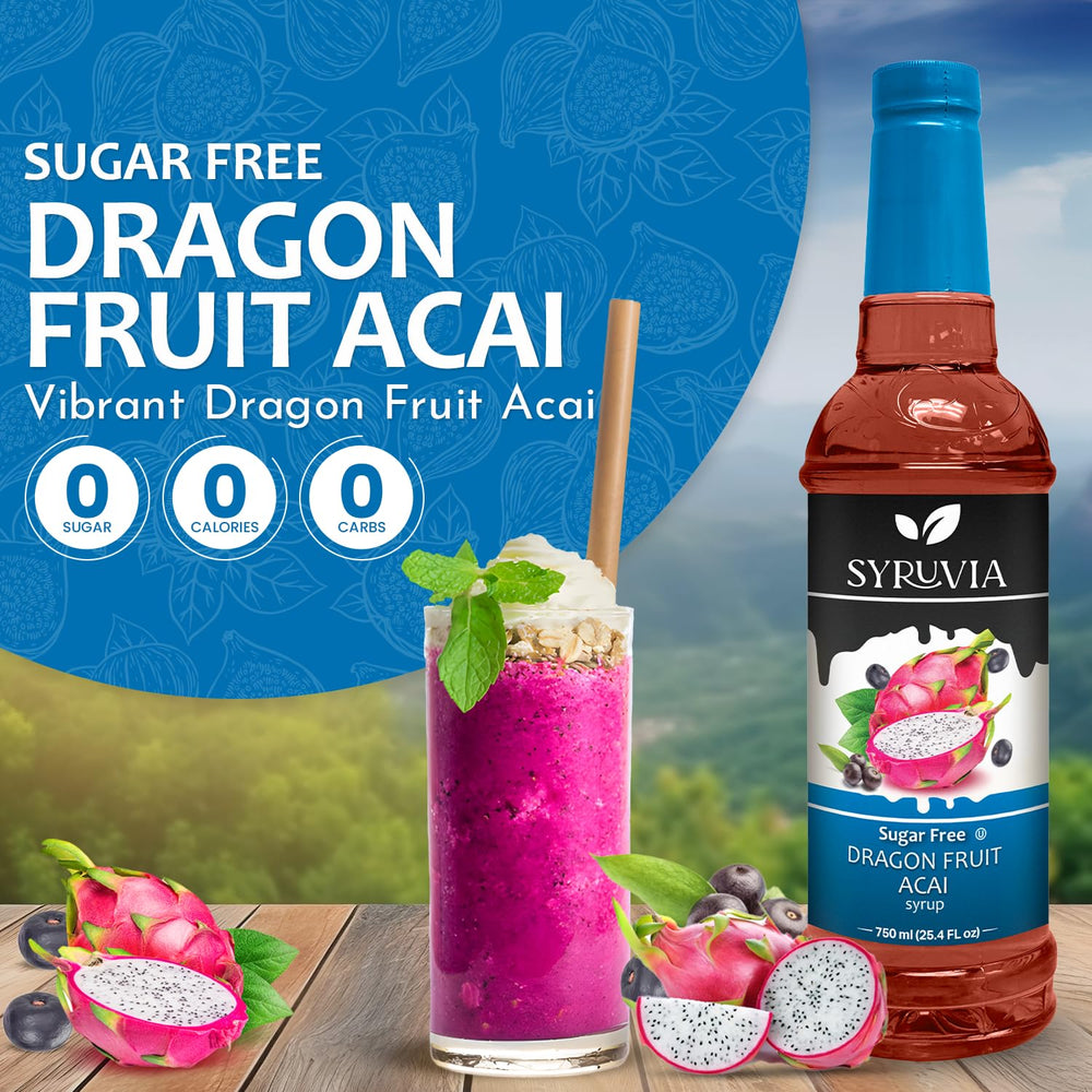 Dessert prepared with Syruvia Sugar-Free Dragon Fruit Acai Syrup drizzle for color and flavor.