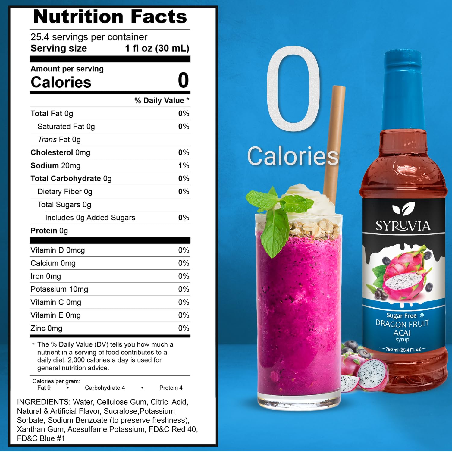 Pouring Syruvia syrup into a glass reveals vibrant dragon fruit aroma and sugar-free sweetness.