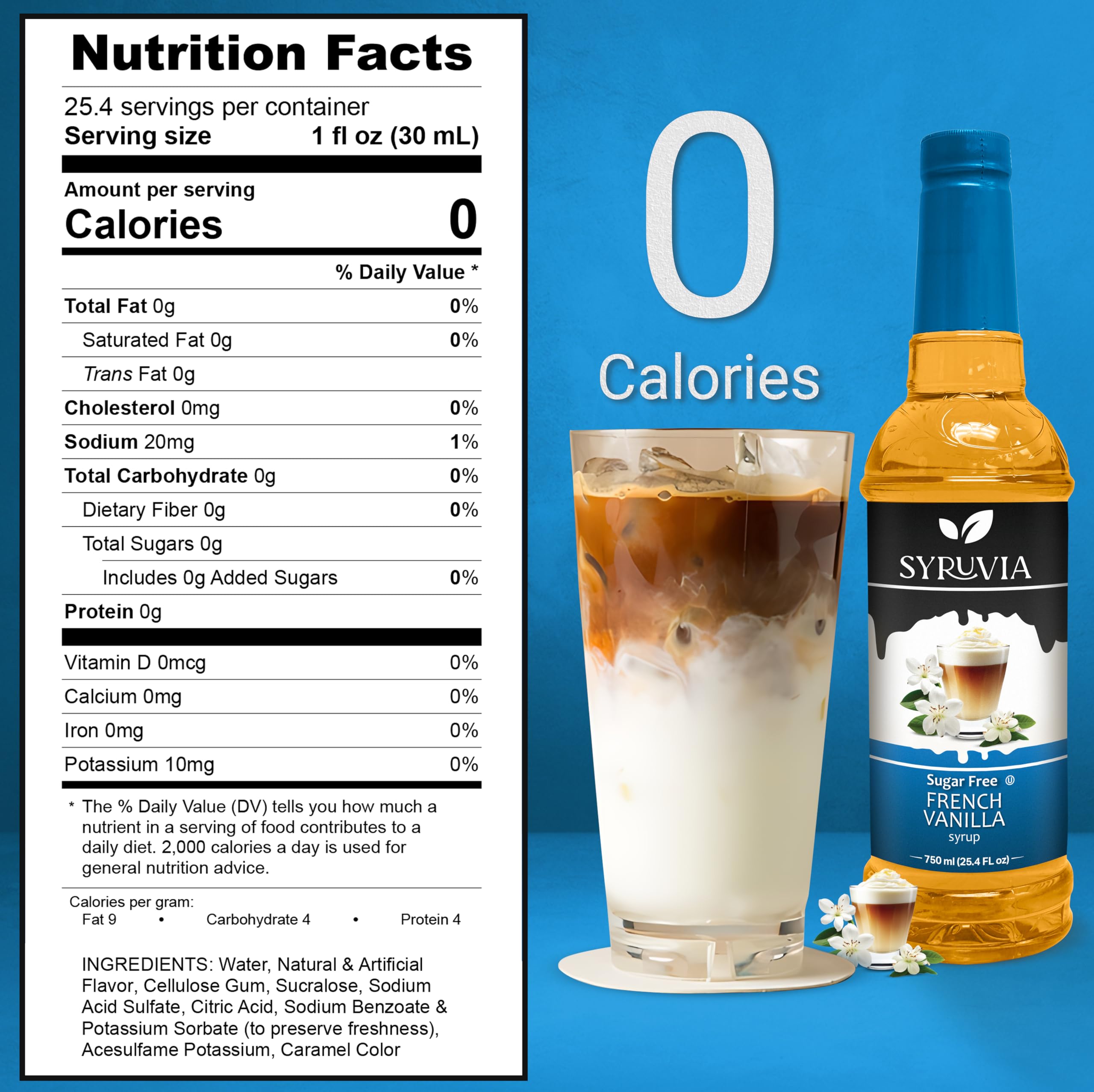 SYRUVIA Sugar Free French Vanilla Syrup bottle enhances lattes and desserts with rich aroma.