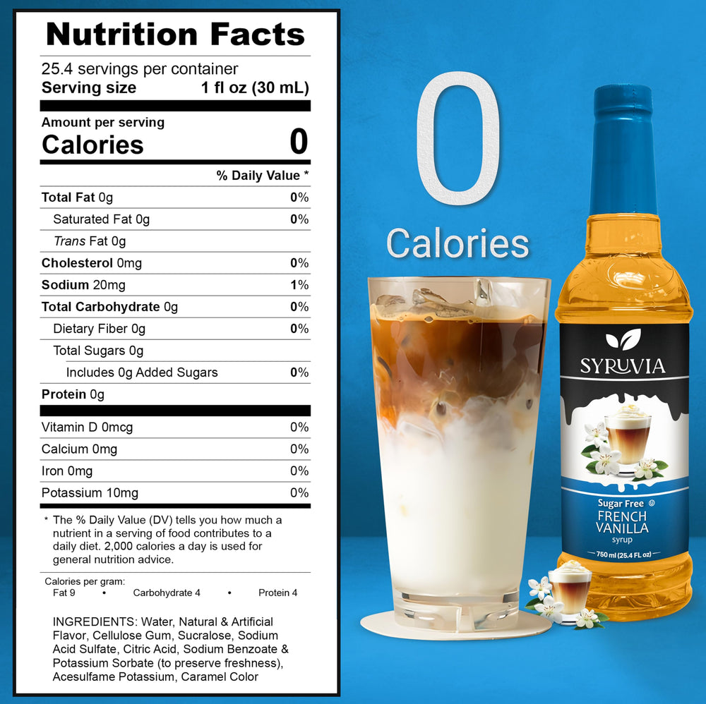 SYRUVIA Sugar Free French Vanilla Syrup bottle enhances lattes and desserts with rich aroma.