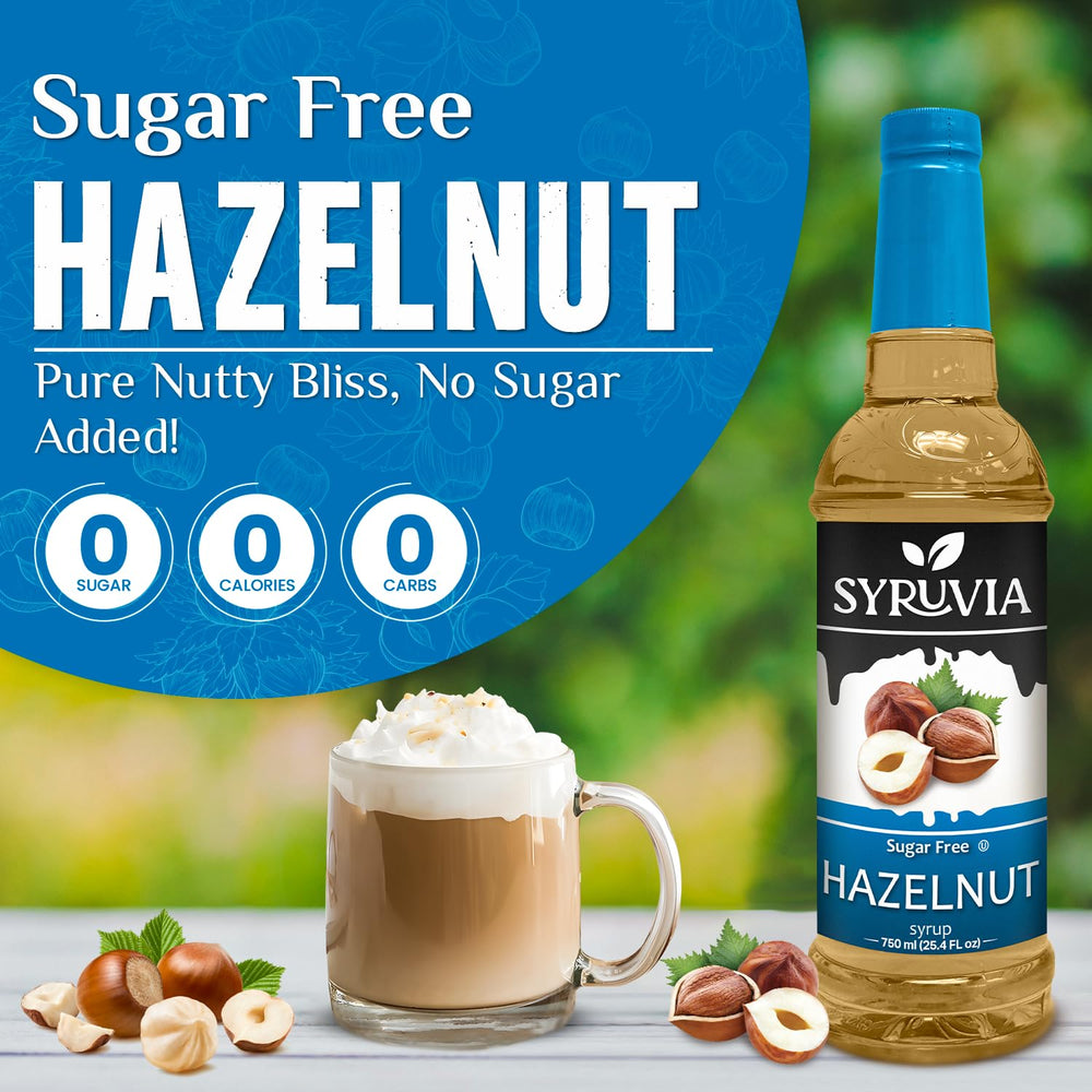 SYRUVIA Hazelnut Sugar-Free Syrup label closeup highlights clean ingredients