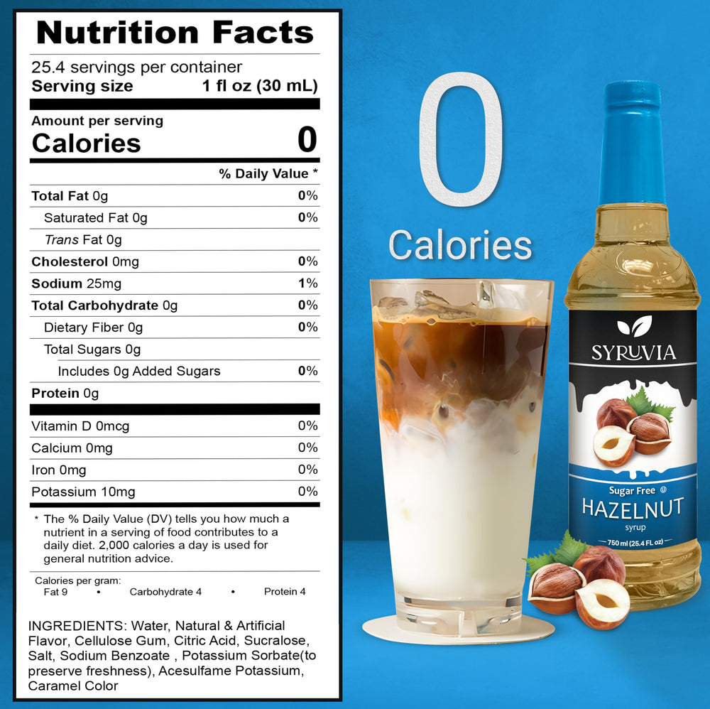 SYRUVIA Hazelnut Sugar-Free Syrup with pump attached for quick coffee flavoring