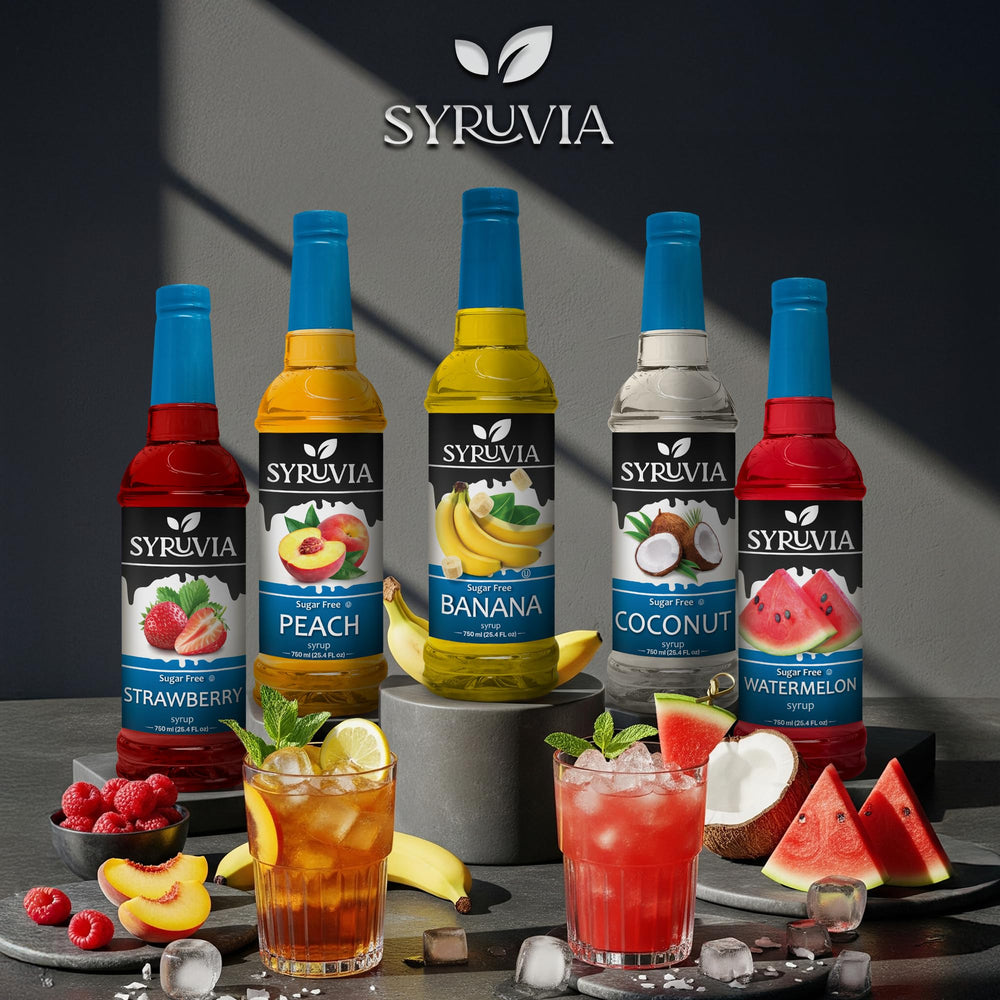 SYRUVIA mango syrup used on desserts and yogurts.