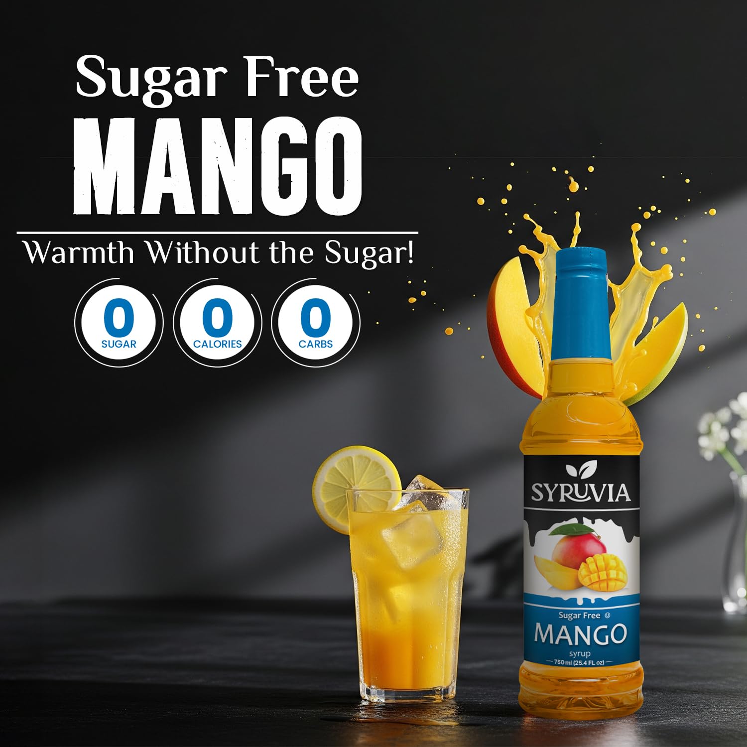 SYRUVIA mango syrup label highlights flavor and sugar-free formulation.
