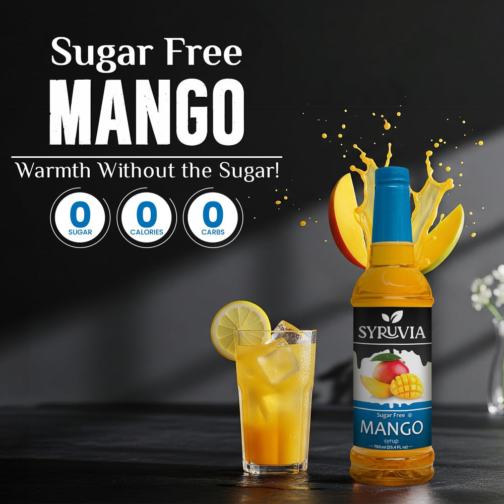 SYRUVIA mango syrup label highlights flavor and sugar-free formulation.