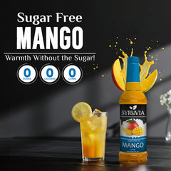 SYRUVIA mango syrup label highlights flavor and sugar-free formulation.