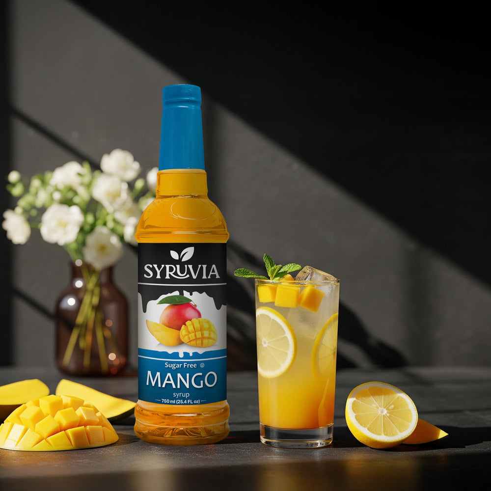 SYRUVIA sugar-free mango syrup beside lemonades and iced teas.