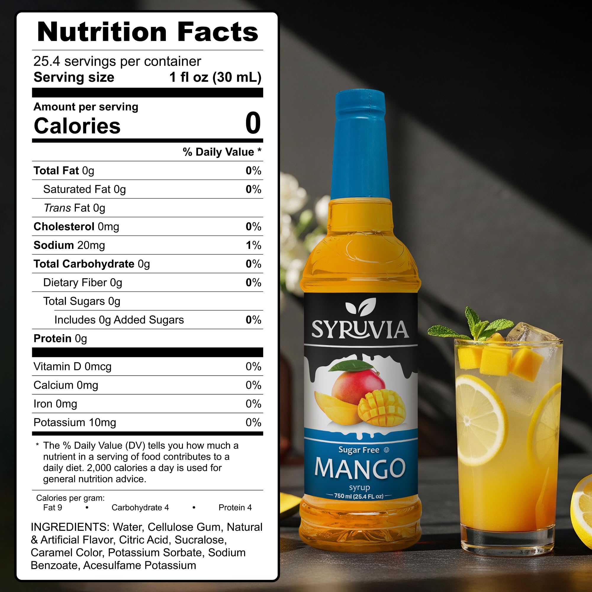 SYRUVIA mango syrup pour elevates coffee, tea, or smoothies.