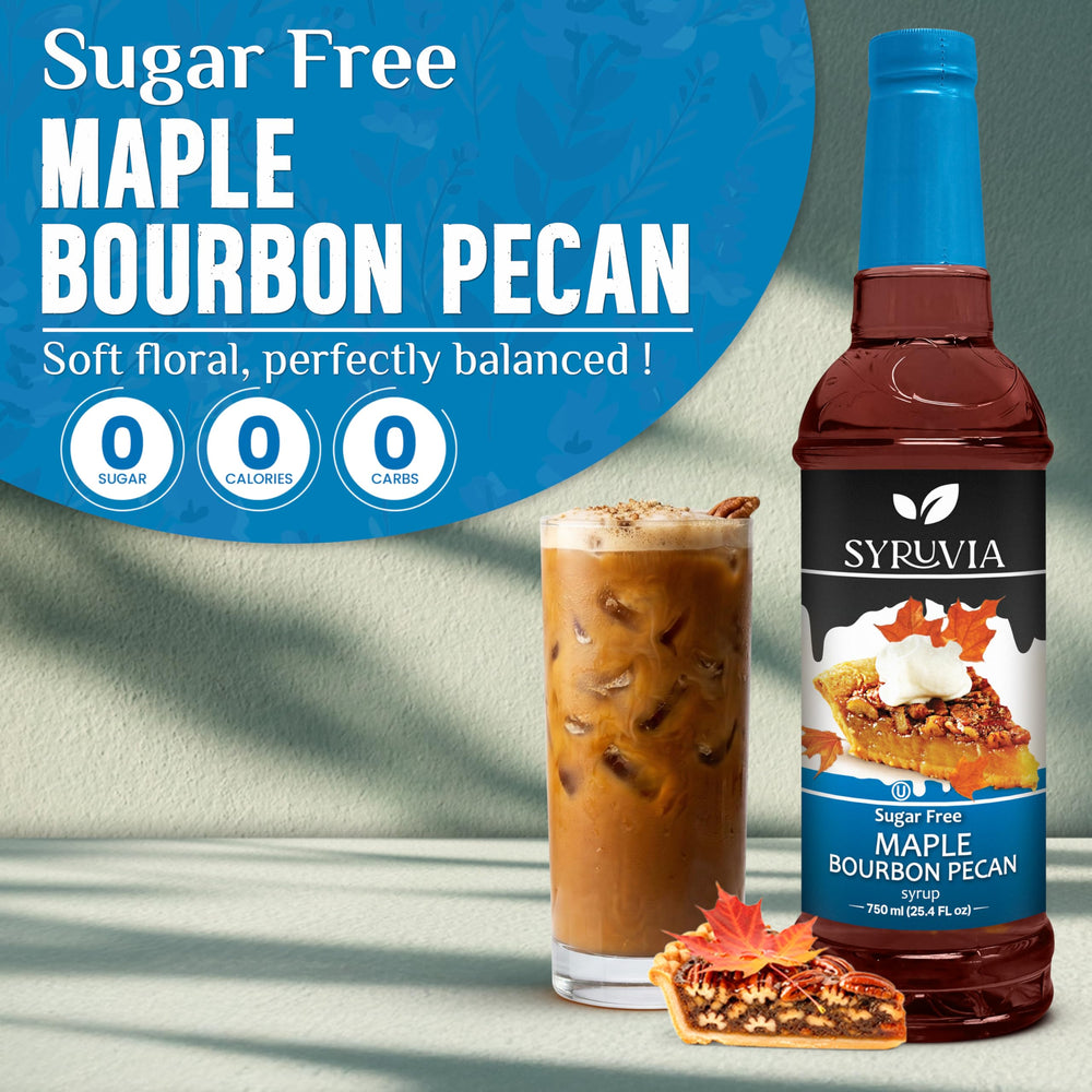 SYRUVIA syrup on a coffee treat highlighting rich maple bourbon pecan notes