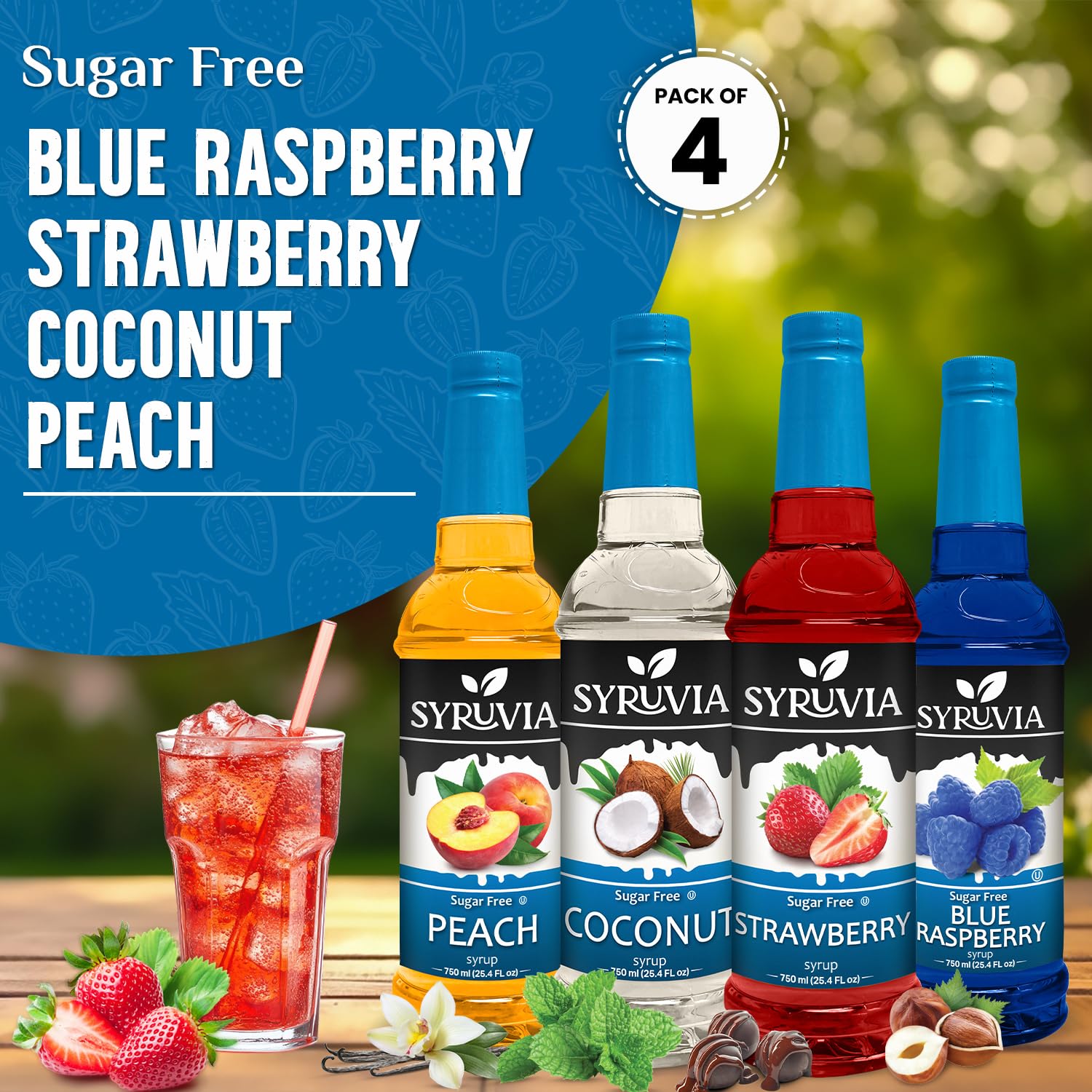 SYRUVIA Sugar Free Peach Syrup bottle for dessert toppings and lighter treats.
