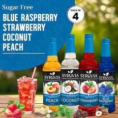 SYRUVIA Sugar Free Peach Syrup bottle for dessert toppings and lighter treats.