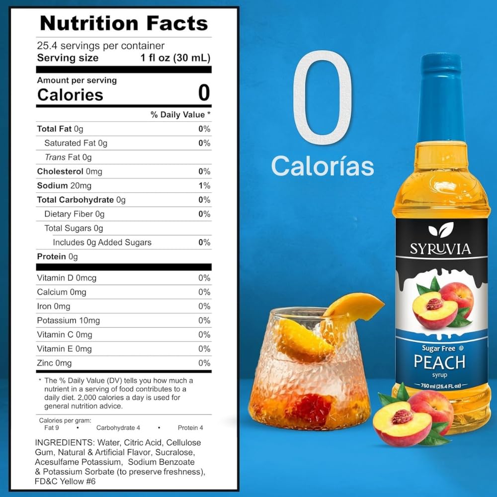 SYRUVIA Sugar-Free Peach Syrup coffee glass demonstrates zero-calorie sweetness in morning drinks.
