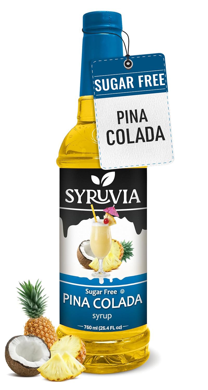 SYRUVIA Sugar Free Pina Colada syrup bottle boosts cocktails with zero sugar flavor
