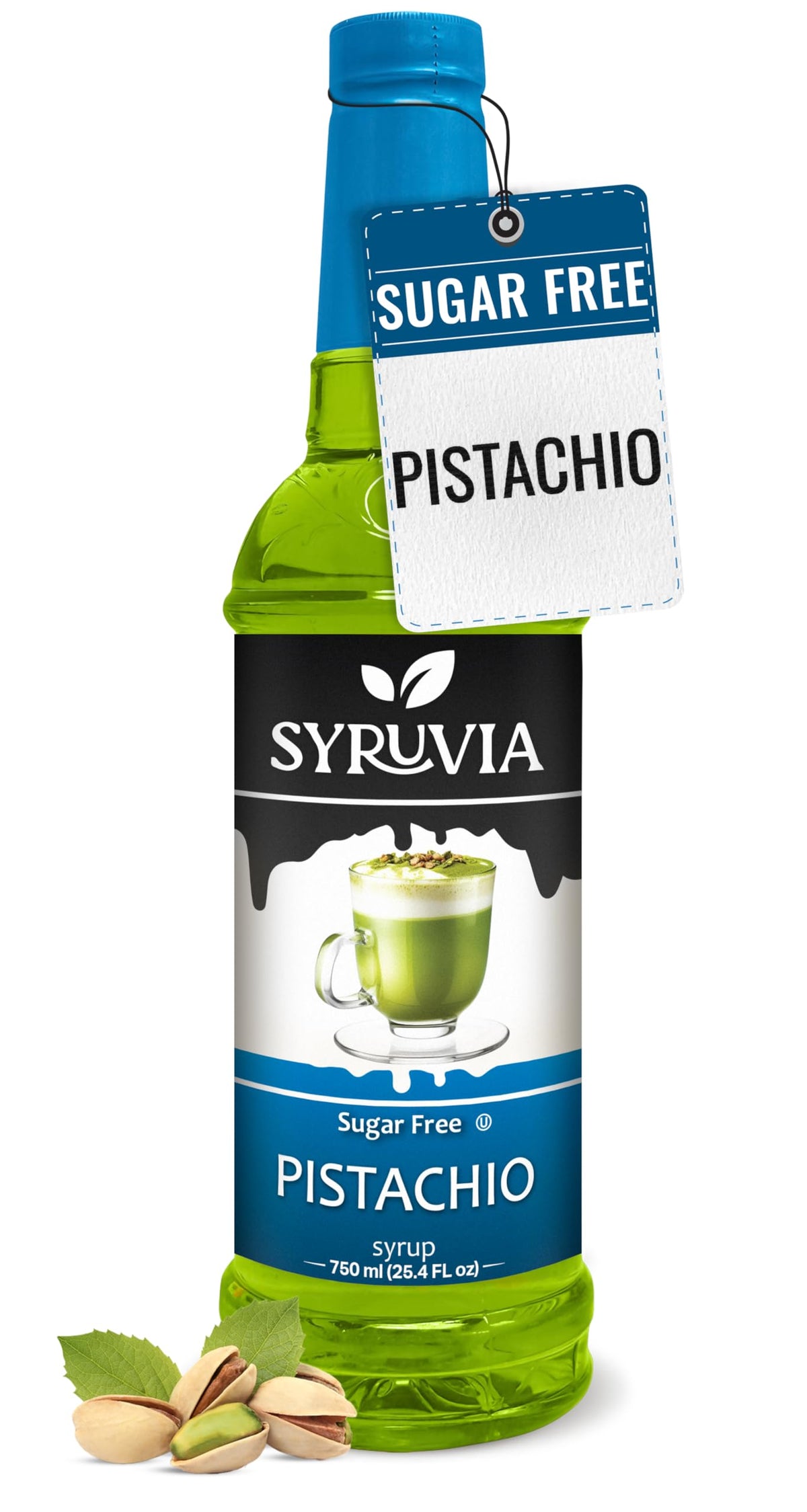 SYRUVIA sugar-free pistachio syrup bottle ready to flavor beverages.