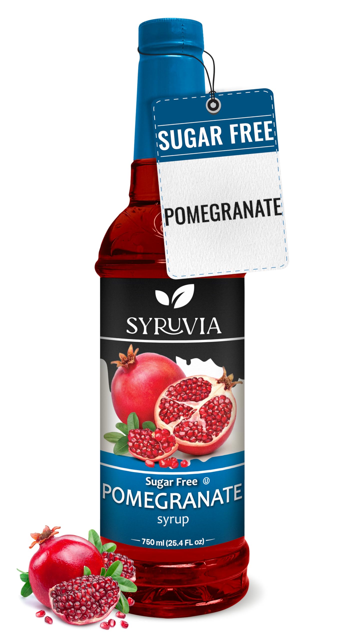 SYRUVIA Sugar-Free Pomegranate Syrup bottle highlights premium labeling for cocktails and beverages.