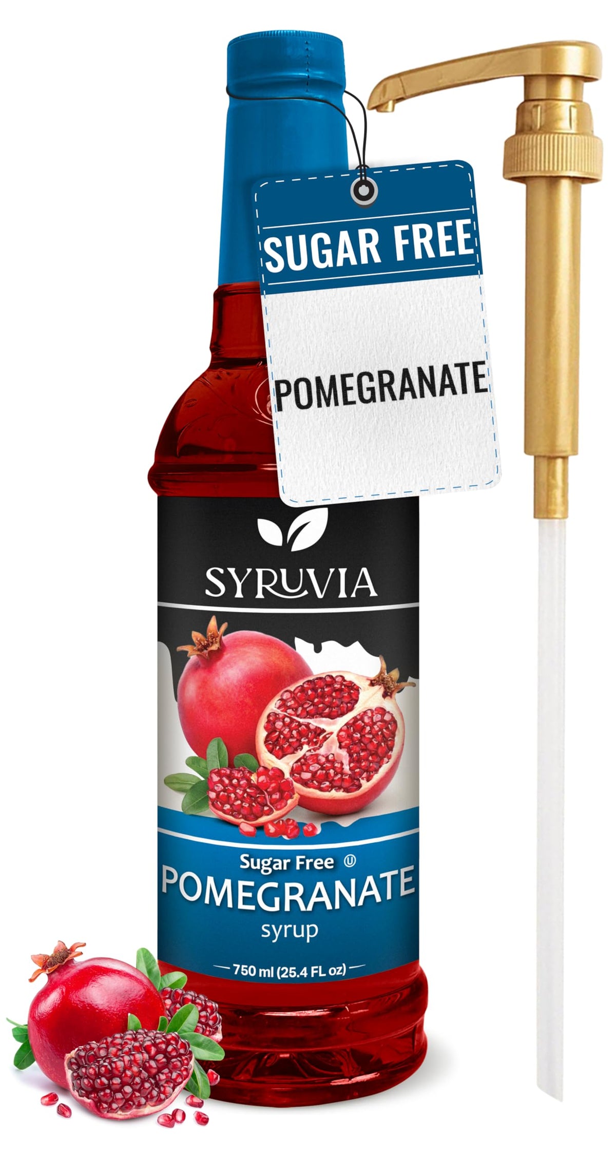SYRUVIA Sugar-Free Pomegranate Syrup bottle on kitchen counter adding flavor to drinks.